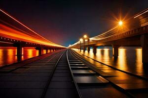 un largo exposición foto de un puente a noche. generado por ai