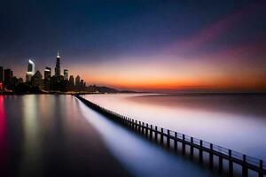 un largo exposición fotografía de un ciudad horizonte a puesta de sol. generado por ai foto