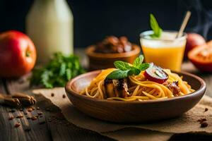 spaghetti with meat and vegetables in a wooden bowl. AI-Generated photo