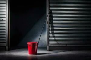 un rojo Cubeta sentado en frente de un cerrado puerta. generado por ai foto