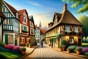 a painting of a street in europe. AI-Generated photo