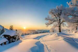 a snowy landscape with a house and trees at sunset. AI-Generated photo