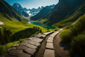 photo wallpaper the sky, mountains, path, lake, grass, path, the path, the. AI-Generated