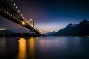 the bridge over the lake at night with mountains in the background. AI-Generated photo