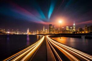 un largo exposición fotografía de un ciudad horizonte a noche. generado por ai foto