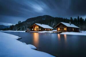 two wooden cabins sit on the shore of a lake at night. AI-Generated photo