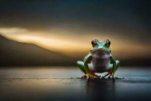 a frog sitting on the ground with a sunset in the background. AI-Generated photo