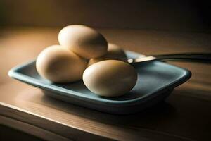 four eggs in a blue bowl with a fork. AI-Generated photo