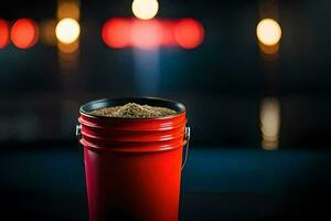 a red bucket with sand in it on a table. AI-Generated photo