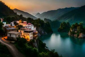 foto fondo de pantalla el cielo, montañas, agua, río, atardecer, el aldea, el atardecer,. generado por ai