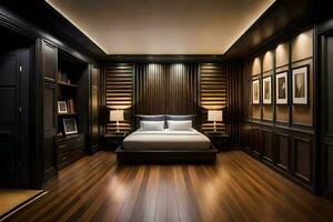 a bedroom with wood paneling and dark wood floors. AI-Generated photo