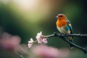 a colorful bird sits on a branch with pink flowers. AI-Generated photo