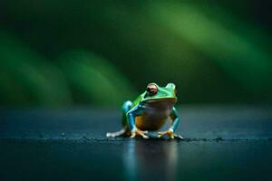 a frog sitting on the ground with a green background. AI-Generated photo