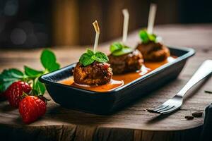 meatballs with sauce on a wooden table. AI-Generated photo