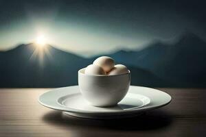 eggs in a cup on a table with mountains in the background. AI-Generated photo