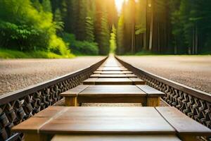 un de madera tren pista líder a un bosque. generado por ai foto