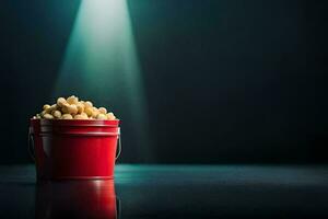 a bucket of popcorn on a table with a spotlight. AI-Generated photo