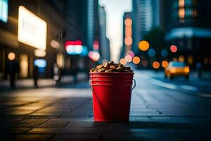 un rojo Cubeta lleno con nueces en el calle. generado por ai foto