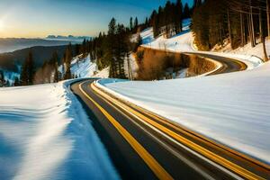 a snowy road in the mountains with a car driving on it. AI-Generated photo