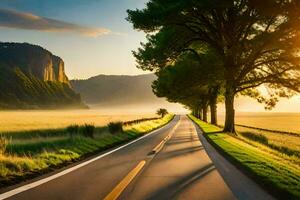 a long road with trees and grass in the middle of a field. AI-Generated photo