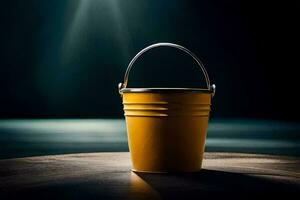 a yellow bucket on a table in front of a bright light. AI-Generated photo