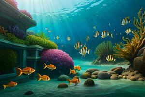 an underwater scene with fish and coral reefs. AI-Generated photo