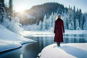 a woman in a red coat stands on the shore of a lake. AI-Generated photo