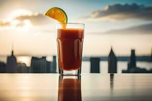 un vaso de sangre naranja jugo con un puesta de sol en el antecedentes. generado por ai foto