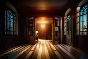 a dark room with wooden floors and windows. AI-Generated photo