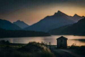 a small hut sits on the side of a road near a lake. AI-Generated photo