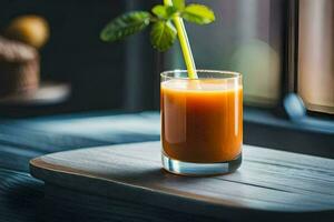 a glass of carrot juice on a table. AI-Generated photo