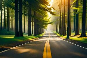 a road in the middle of a forest with trees. AI-Generated photo