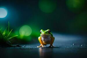 a frog sitting on the ground in front of a green background. AI-Generated photo