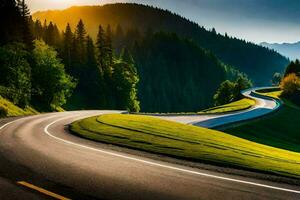 a winding road in the mountains with trees and grass. AI-Generated photo