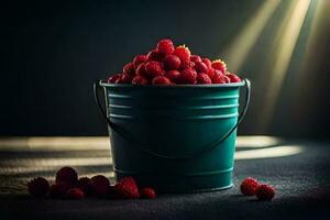 raspberries in a bucket on a dark table. AI-Generated photo