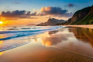a beautiful sunset on a beach with waves. AI-Generated photo
