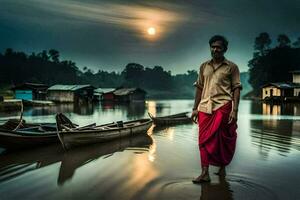 a man in a red sari stands in the water near boats. AI-Generated photo