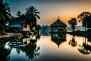 a house on the water with palm trees in the background. AI-Generated photo