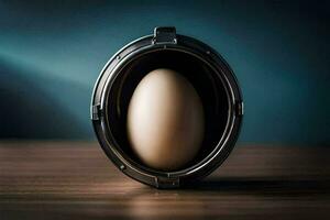 an egg in a metal container on a table. AI-Generated photo