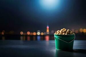 a bucket filled with peanuts sitting on a table in front of a city. AI-Generated photo