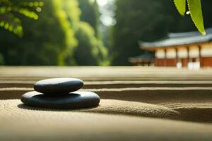 two stones on the sand in front of a building. AI-Generated photo