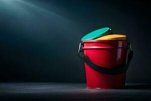 a red bucket with three colorful lids. AI-Generated photo