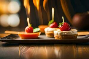 small desserts on a black plate with toothpicks. AI-Generated photo