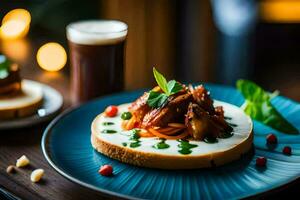 un plato con comida y un vaso de cerveza. generado por ai foto