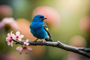 un azul pájaro se sienta en un rama con rosado flores generado por ai foto