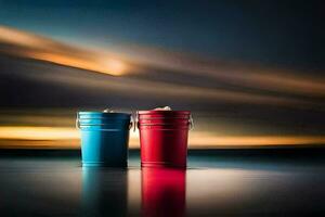 two buckets of red and blue paint on the beach. AI-Generated photo