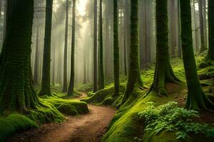 a path through a forest with mossy trees. AI-Generated photo