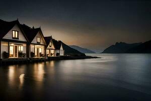 the house on the lake at night. AI-Generated photo