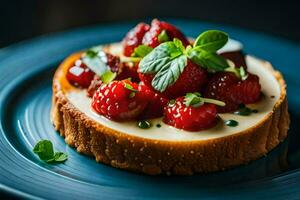 a dessert with strawberries and cream on a blue plate. AI-Generated photo