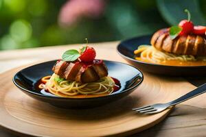 two plates with food on them on a wooden table. AI-Generated photo